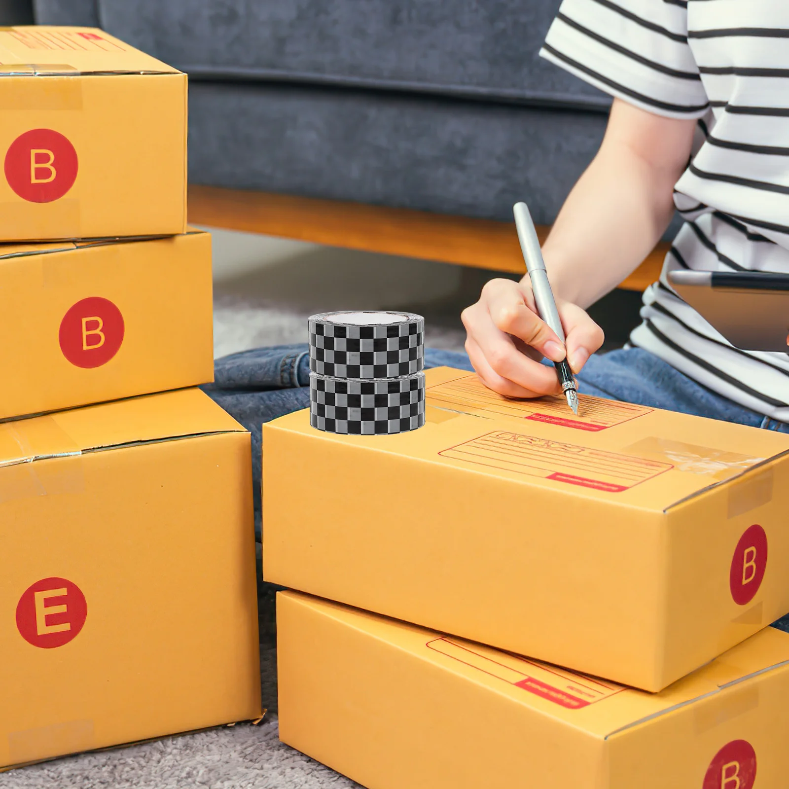 2 Rolls Black White Checkerboard Pattern Duct Tape Packing Sealing Wrapping Shipping Delivery Packaging Adhesive Fastener Tapes