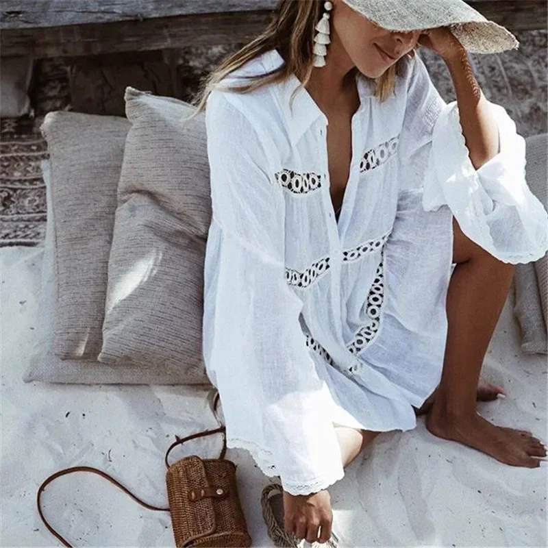 2024 White Hollow Out Blouse Shirt Beach Cover Ups for Women Long Flared Sleeve Loose Cotton Beach Wear Bikini Cover Up Bohemio