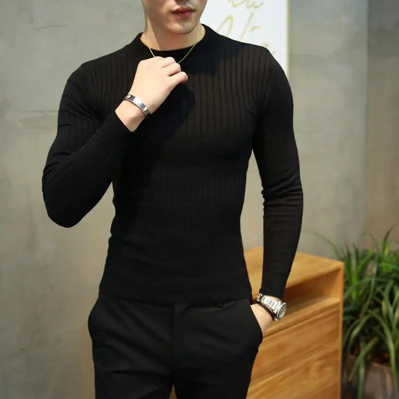 New Autumn Winter Men Korean Fashion Half High Collar Ribbed Knitted Sweater Male Solid Long Sleeve Slim Fit Basic Pullover Tops