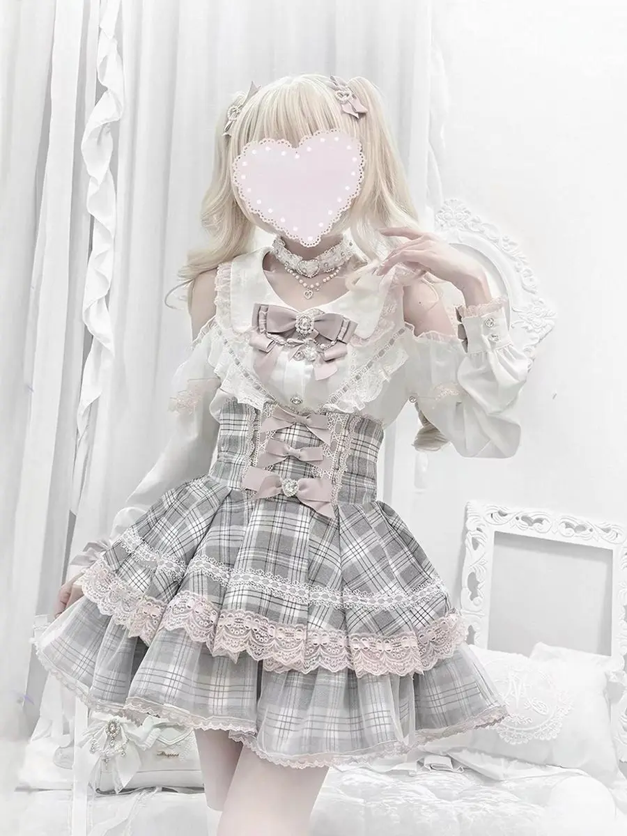 Japanese Sweet Lolita Two-piece Set Lace Off-the-shoulder Shirt High-waisted Lace Bow Mini-skirt Kawaii Harajuku Cosplay Suit