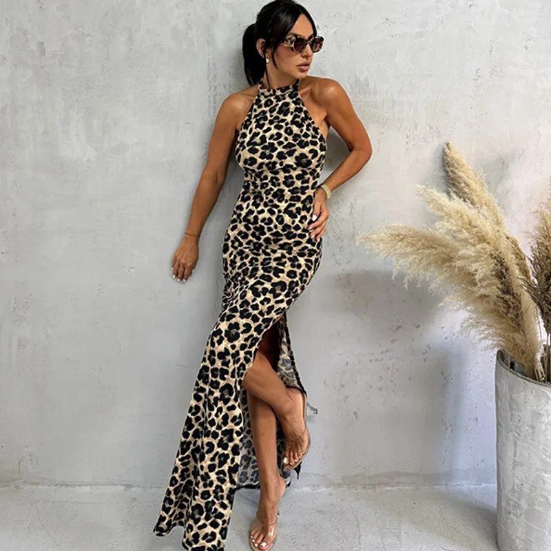 

Ele Leopard Print ter Bal Split Long Dr Sexy High Waist Knitted Wrap Bodycon Dr for Women Summer Season