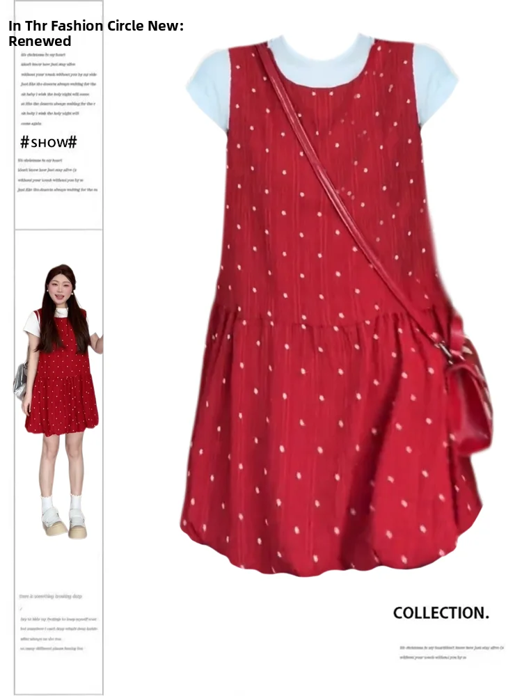 

Sweet Texture Short Skirt Layered Bloomer Vintage Korean Style plus Size round Neck Dress for Short Women Spring Fashion Set