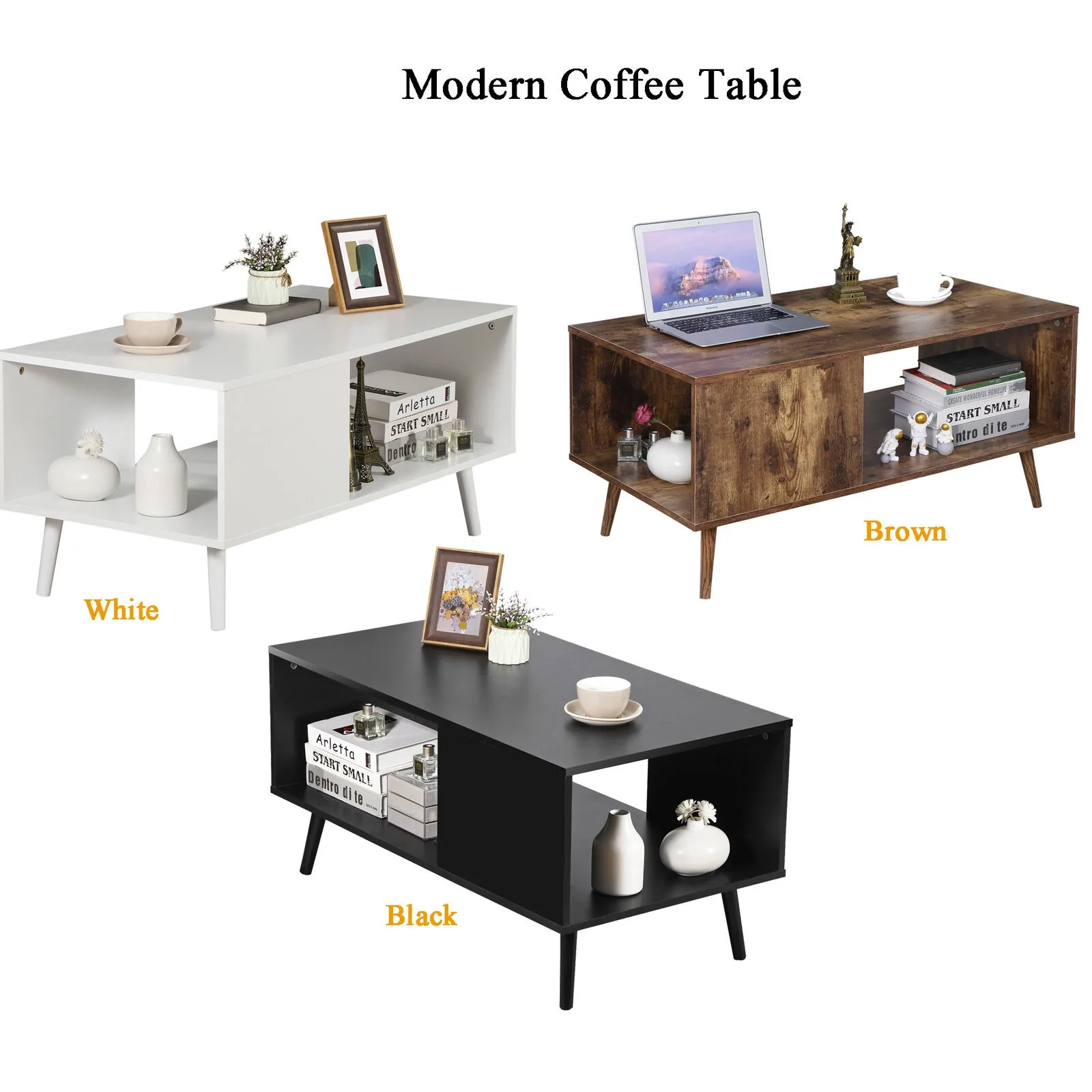 

US 3 Color Wooden Coffee Table w/Open Storage Shelf Accent TV Table for Living Room