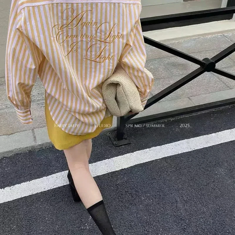 Women's Contrasting Colors Splicing Striped Printing Korean Trend Open Stitch Long Sleeve Orange One Size Long Sleeve T-Shirts