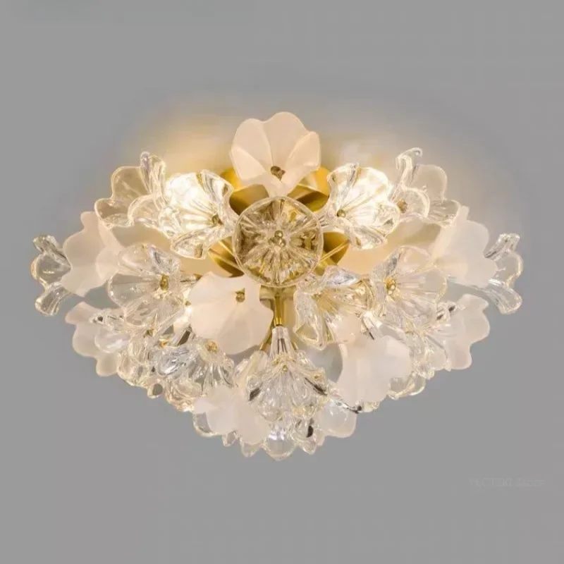 Light French-style flower crystal glass ceiling lamp - Cream style bedroom dressing room - Warm princess room lamp