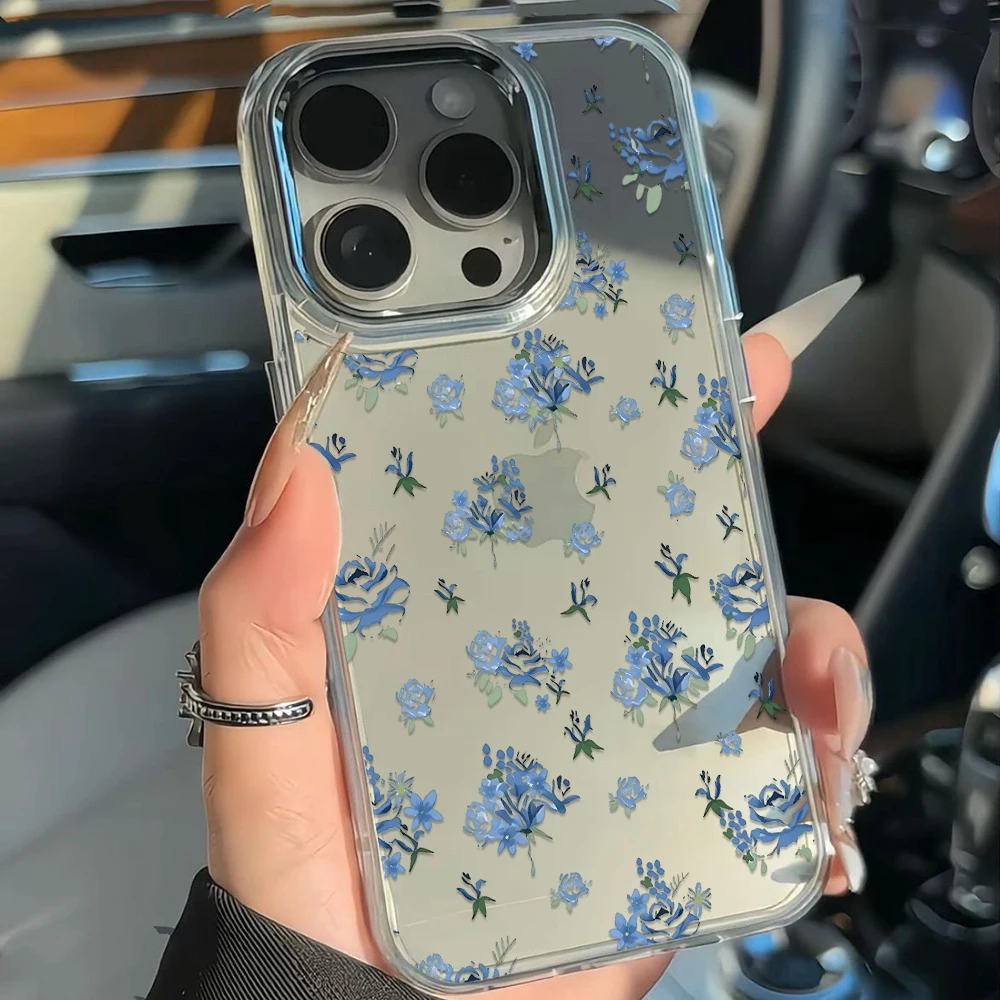Soft Tpu Korean Blue Floral Phone Case For Samsung Galaxy A57 A56 S25 S26 S23 S24 Plus Ultra A17 A26 A55 A37 A06 A07 Clear Cover