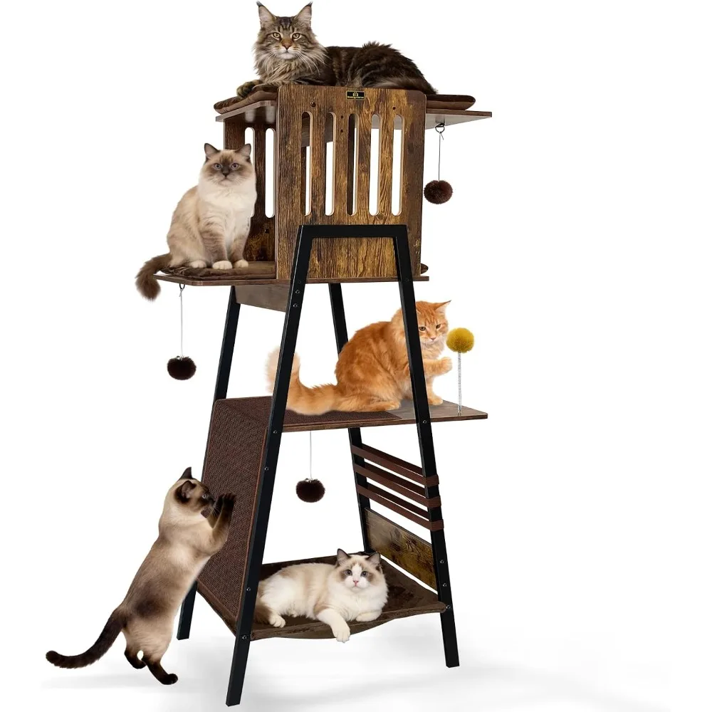 57 Inch Multi-Level Modern Cat Tree Tower with Hammock & Scratching Ramp - Wooden Heavy-Duty Cat Tower for Large Cats & Multi-Ca