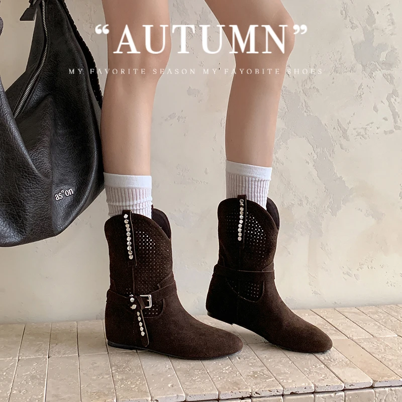 Botines de mujer para otoño e invierno 2026, de 22 a 25 cm, de piel de vaca y piel de cerdo, con diseño calado, hebilla y tacón alto, botines cortos de estilo occidental.