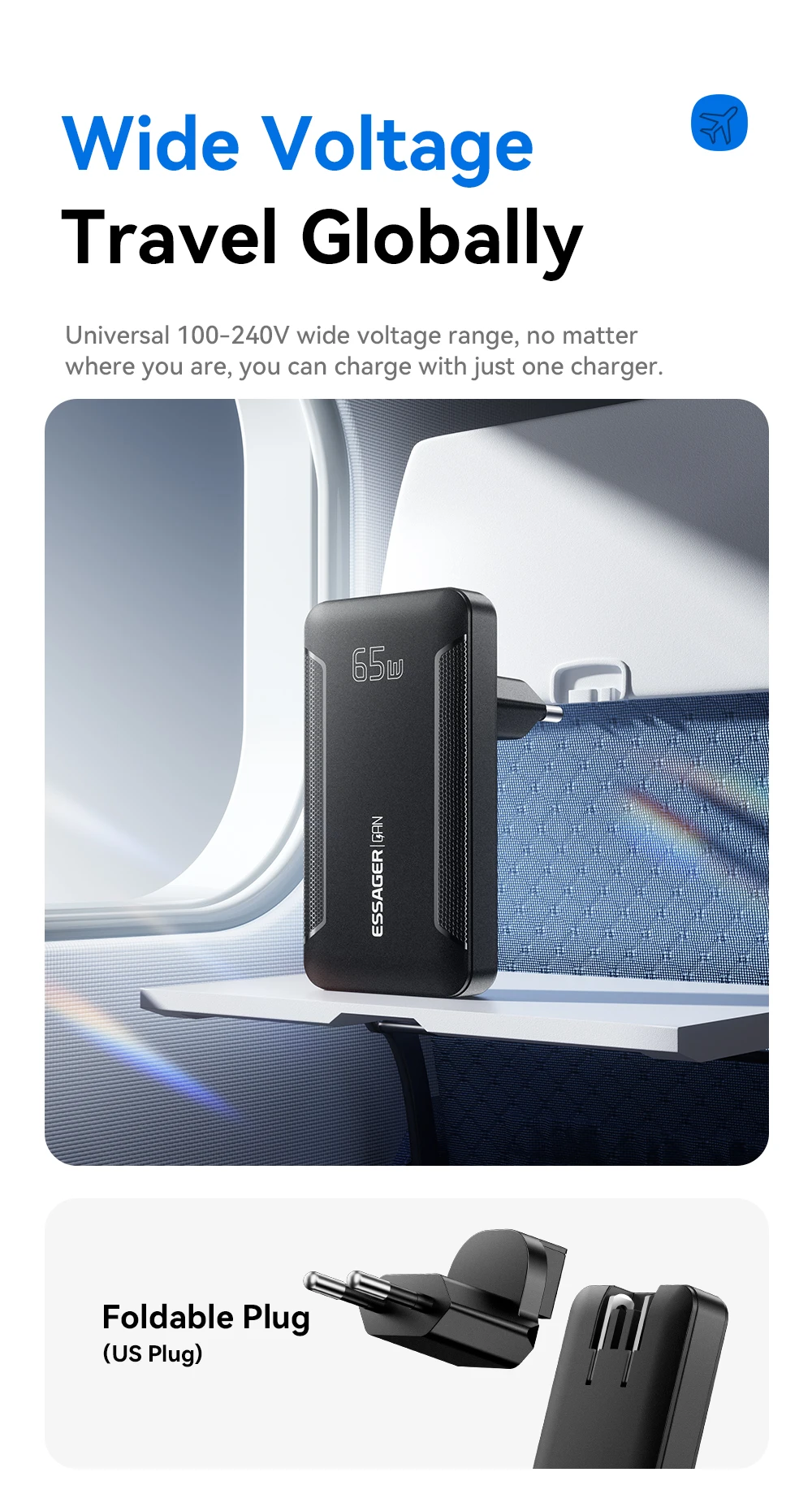 Essager Slim 65 W GaN Reiseladegerät USB A Typ C Tragbares Ladegerät Klappbares Schnellladegerät für iPhone 17 16 Samsung MacBook Laptop – Detail 13