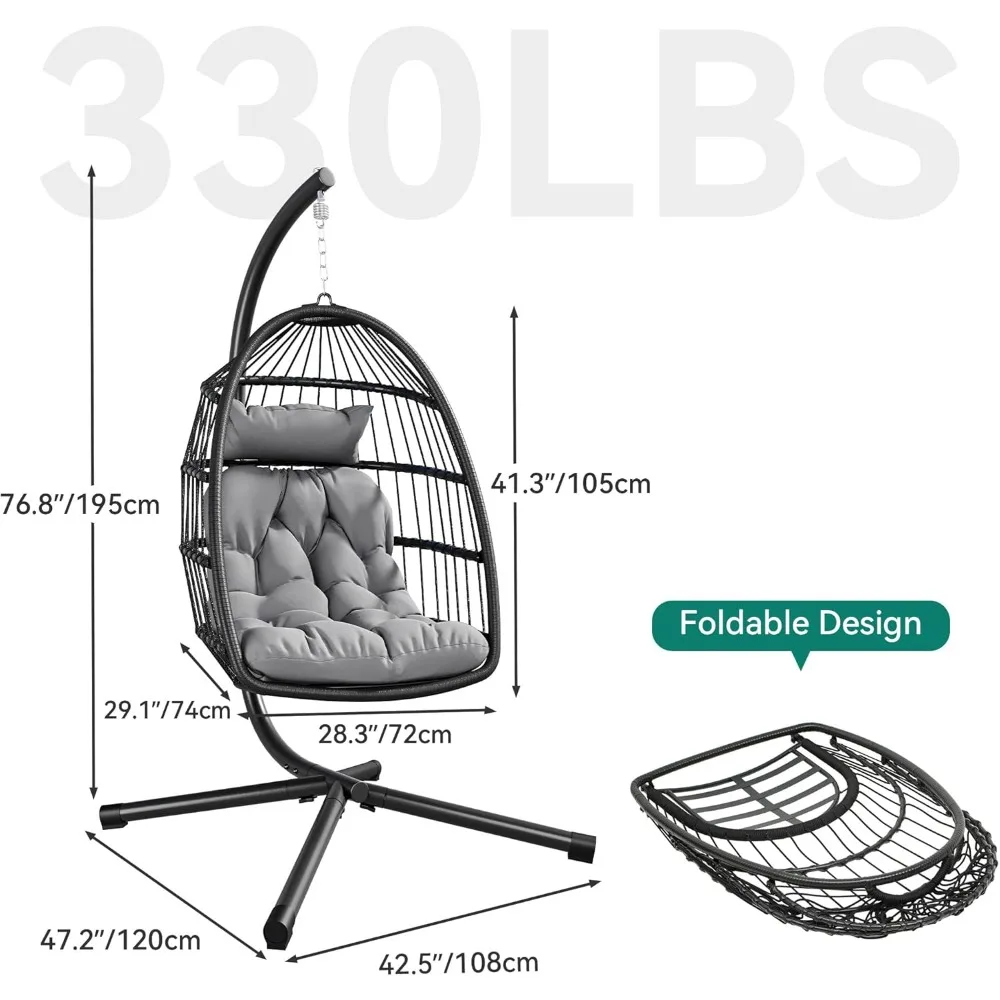 Sedia a dondolo sospesa a uovo sedia a uovo con amaca da esterno in vimini con cuscini 330lbs per Patio, camera da letto, giardino e balcone