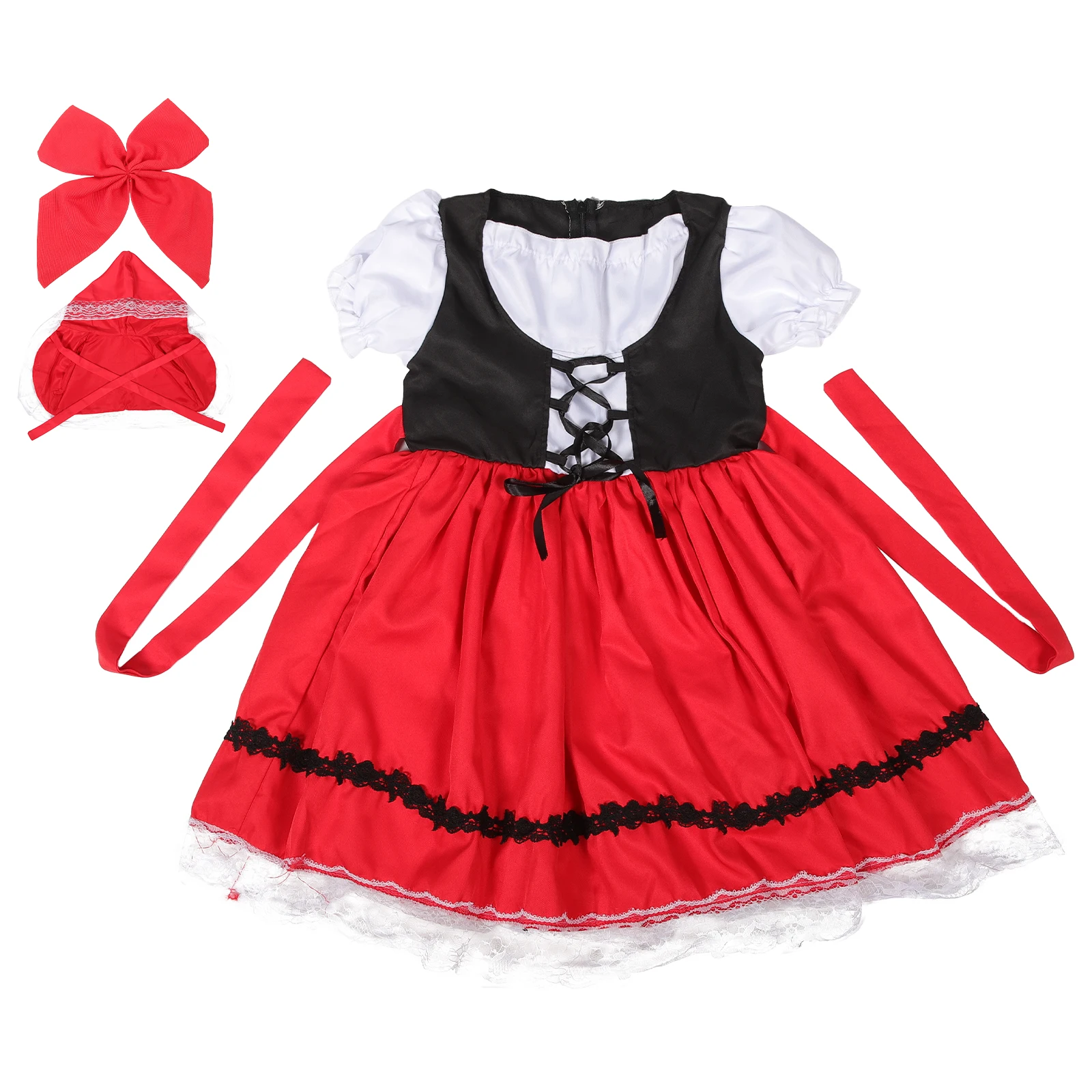 

Little Red Hood Costume 100cm New Suit Smooth Cloth Halloween Girl Fairy Tale Role Play Dress Cape Bowtie Christmas Clothes