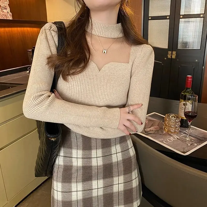 Sexy Sheer Mesh Patchwork Elegant Fashion All Match Basic Knitwear Women Half High Collar Solid Slim Pullover Top Female Jumpers