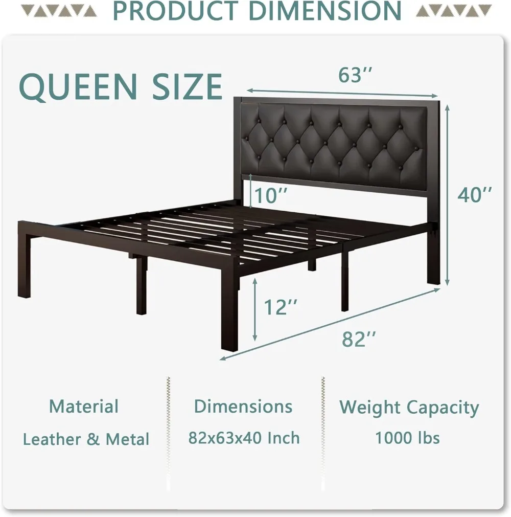 Queen Size Metal Bed Frame with Faux Leather Button Tufted Headboard, Heavy-Duty Platform Bed Frame with 12