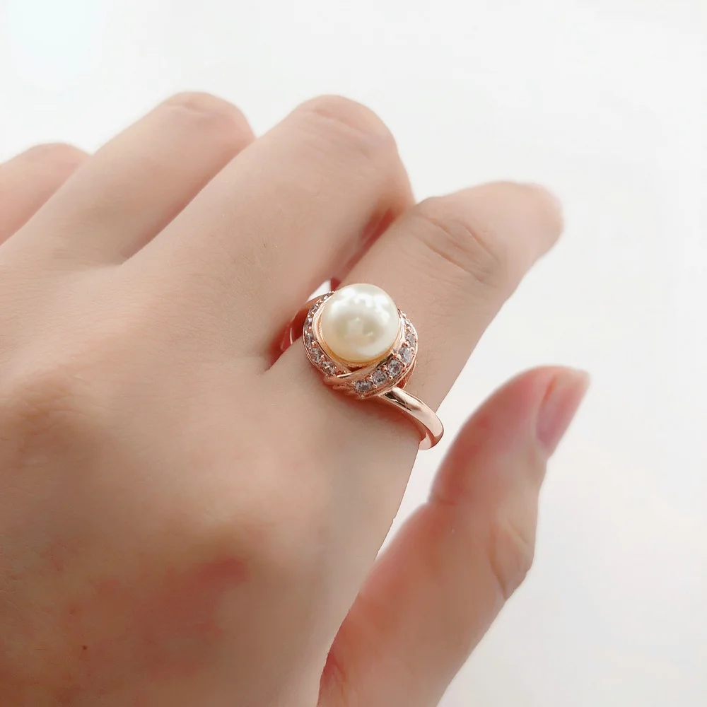 Fashion Brand Austrian Crystal Rose Gold Color Simulated Pearl Rings for Women Wedding Vintage New Jewelry R676