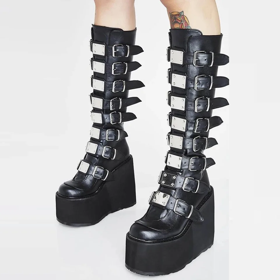 

Women Boots Cosplay Ladies High Heel Platform Wedges Women High Boots Gothic Buckle Strap Long Tube Leather Female Boots Plus Si