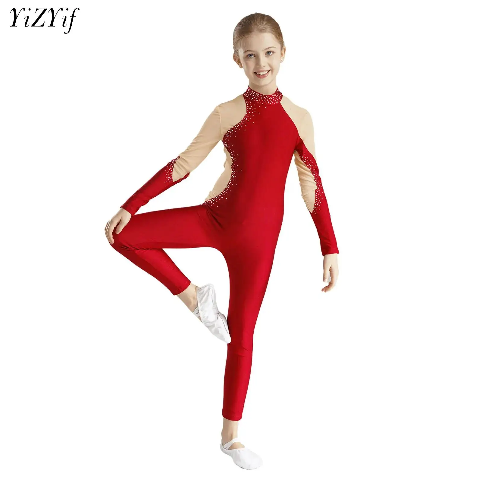 

Girls Kids Long Sleeve Ballet Dance Leotard Sport Workout Bodysuit Gymnastics Jumpsuits Rhinestone Performance Costume Dancewear