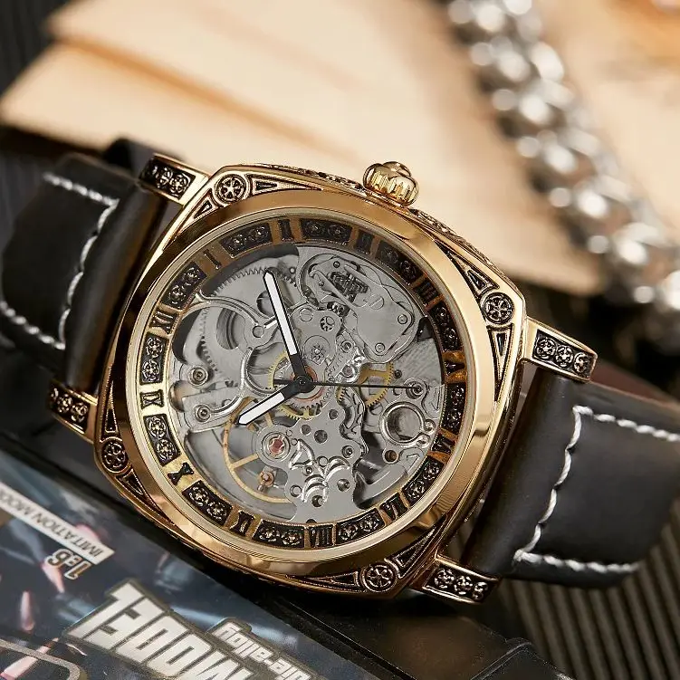 Fully Automatic men watches skeleton fashion Mechanical Wristwatch Luminous luxury MAN WATCH business leather band reloj hombre