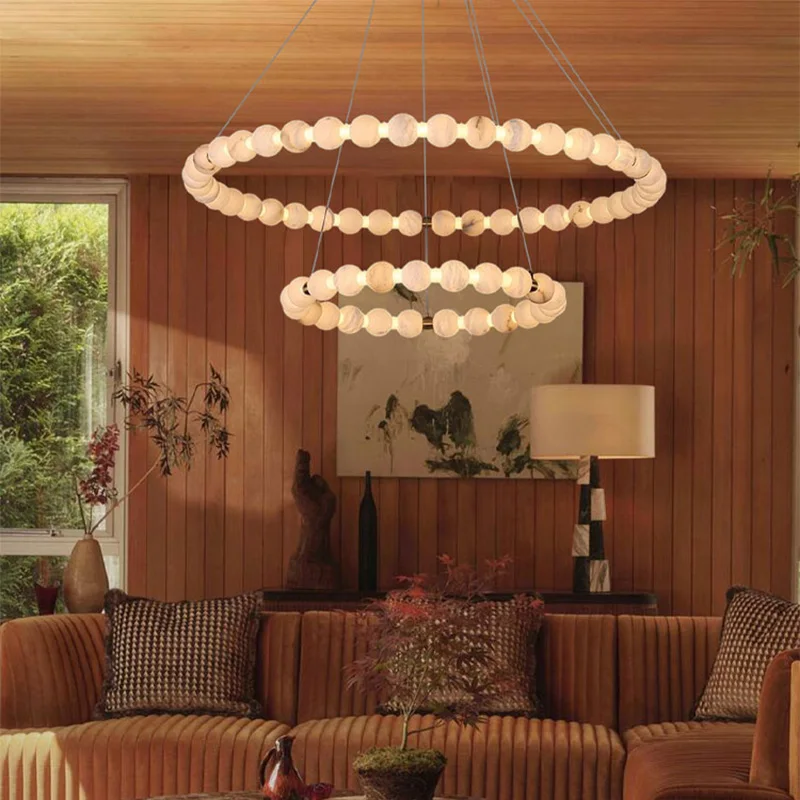 

Modern LED Spherical Marble Chandelier with Ring Stainless Steel Body Lustre, Dimmable for Living Room, Dining Room Ceiling