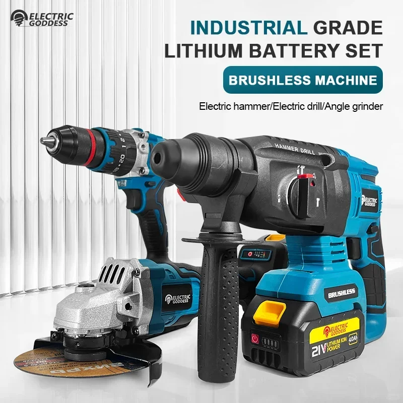 

EGOD Brushless Power Tools 3-Piece Cordless Impact Drill Impact Hammer Angle Grinder Multifunction High Speed Fit Makita Battery