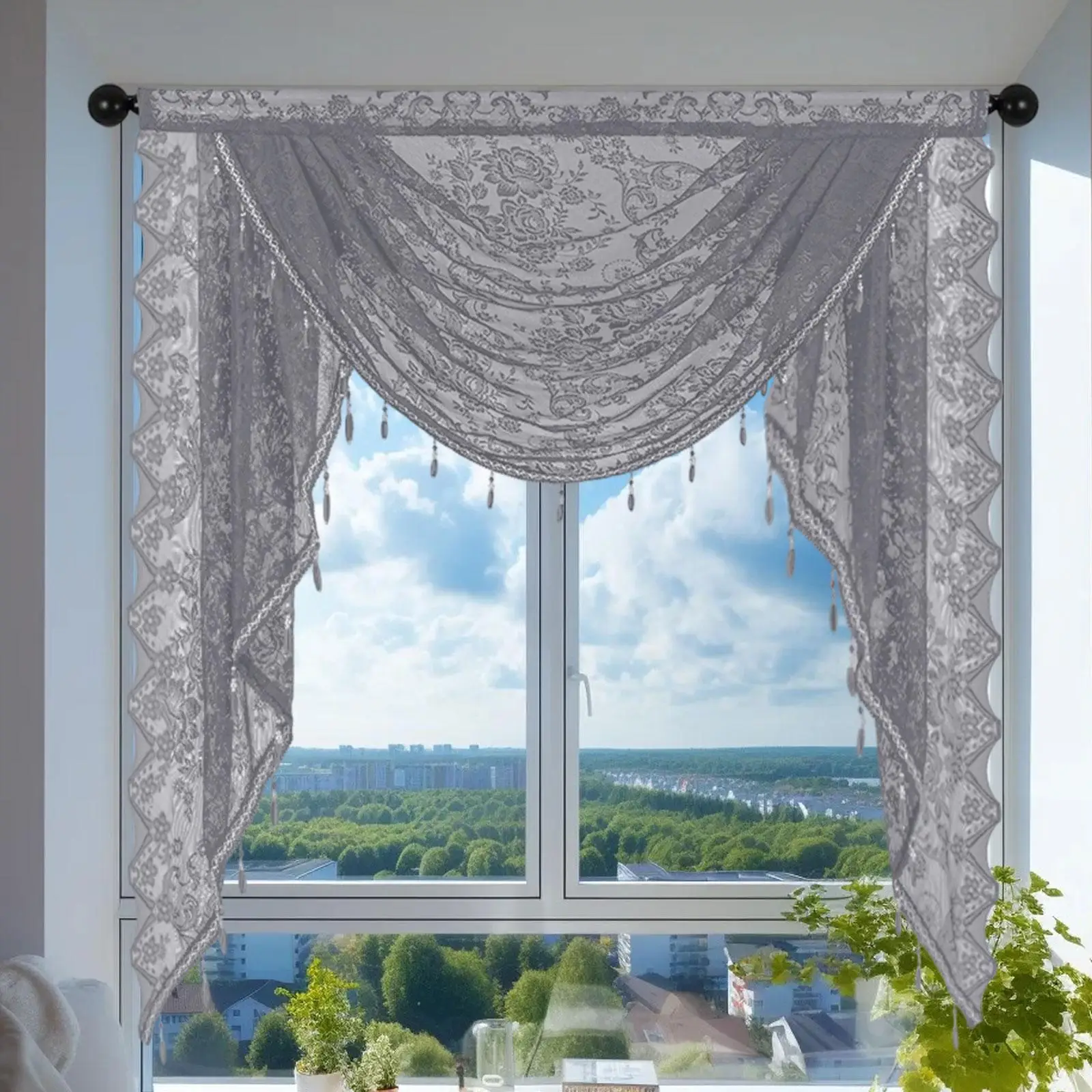 Decorative Curtains Waterfall Window Valance Vintage Style Breathable Swag Bead Tassels for Family Bedroom
