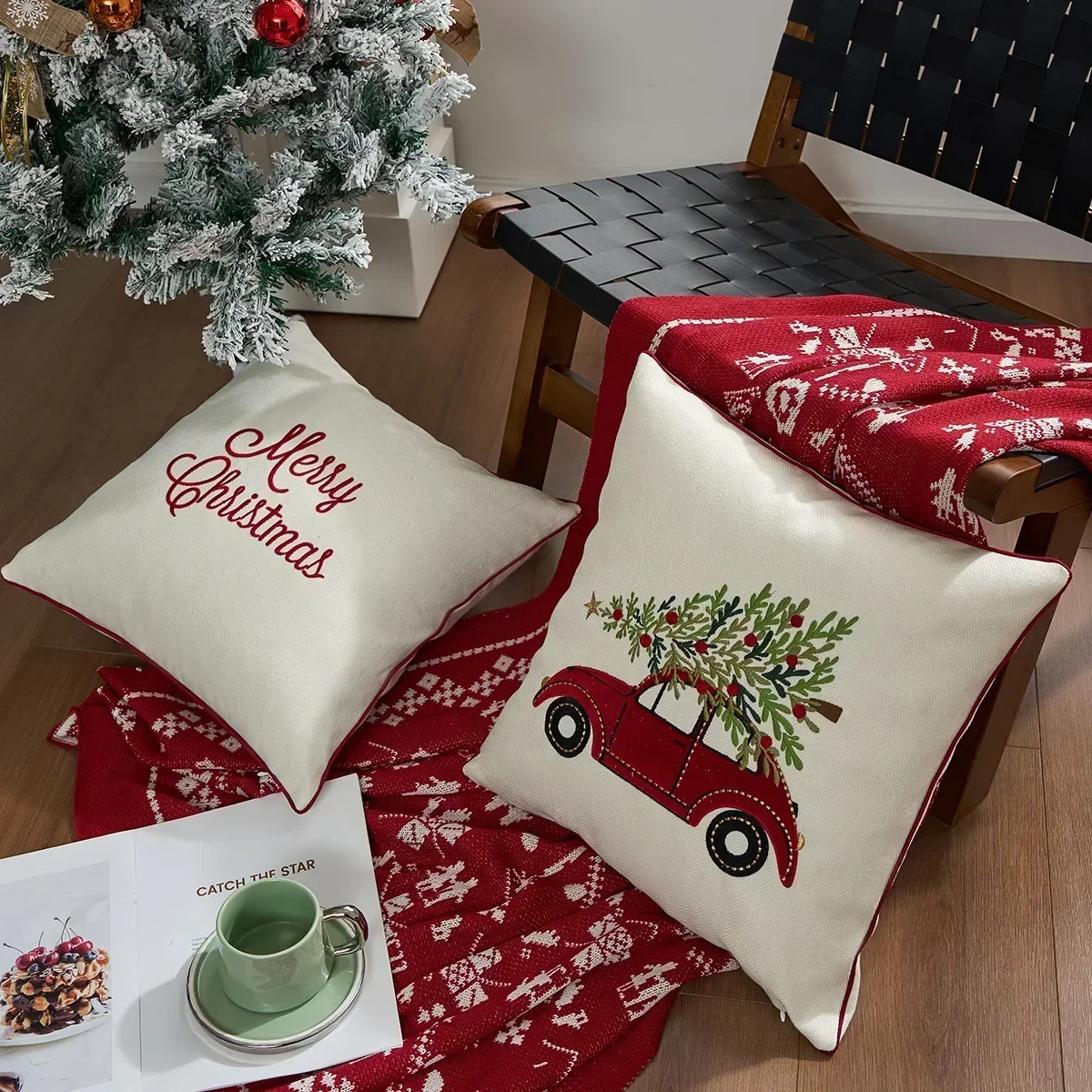 Merry Christmas Letter Snowflake Embroidered Cushion Cover 45*45 Festival New Year Home Pillow Covers Decorative Sofa Bedroom