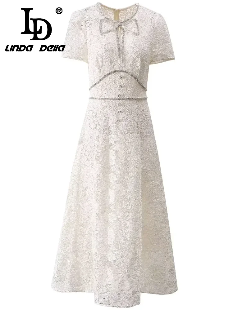 LD LINDA DELLA Fashion Designer Summer Dress Women's Vintage Flowers Embroidery Hollow Out Heavy Diamond Bow Pearls Button Dress