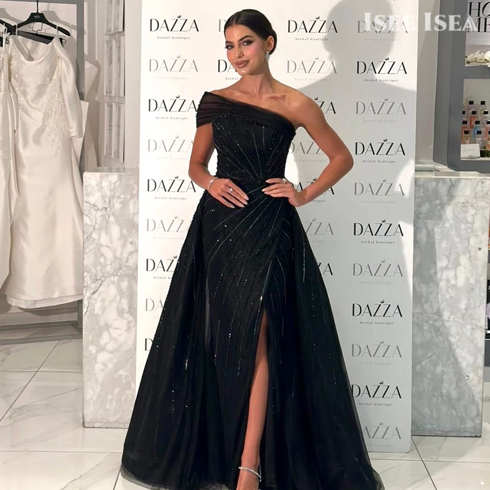 

Black Sequin Evening Dresses One Sleeve Formal Gown for Christmas Prom Gown Event Wedding Party Dress Plus Size Customized