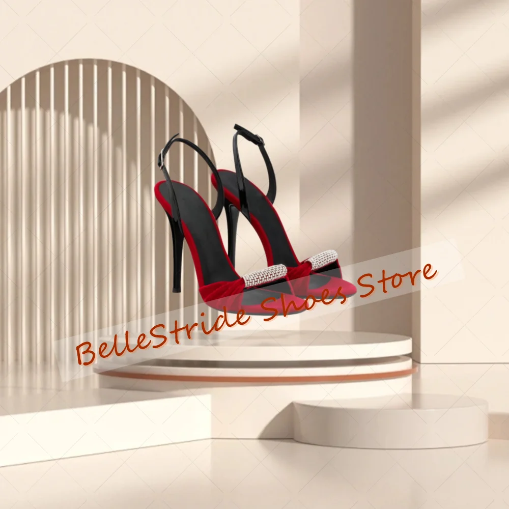 

Red Crystal Peep Toe Velvet Sandals Buckle Strap Women Shoes Stilettos High Heels Party Banquet Dating 2025 Zapatos Para Mujere