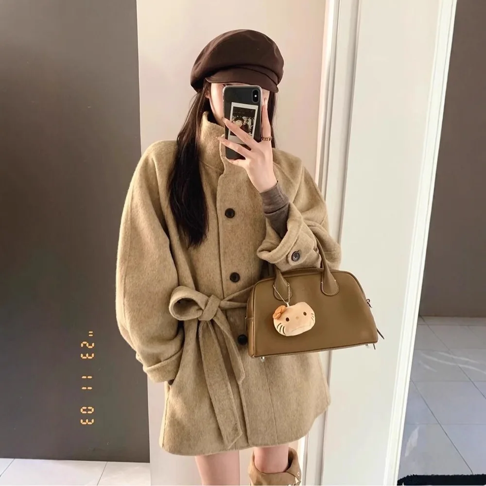 

Khaki Woolen Coat Women's Autumn and Winter 2025 New Woolen Coat Feel Small Short Korean Temperament Women's Clothing