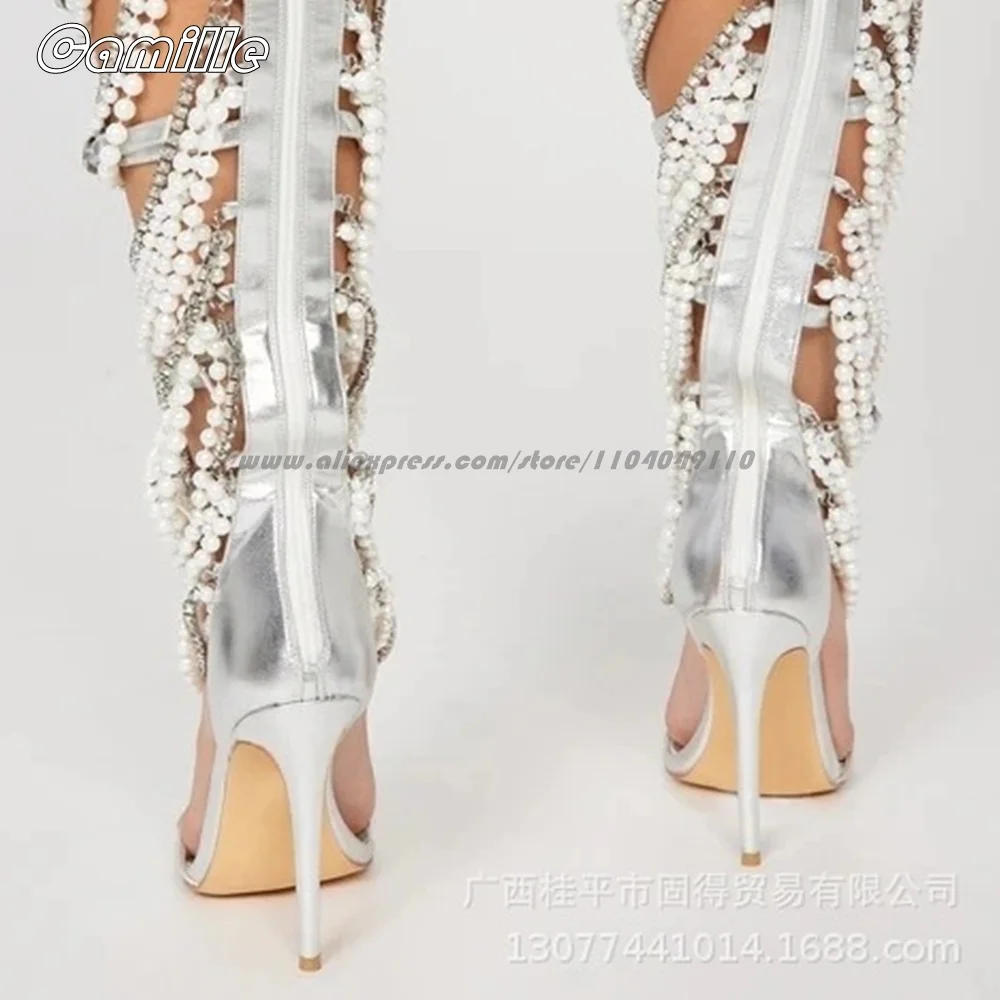 Open Toe Rhinestones Pearl Chain Twine Sandal Boots Size 35-44 Back Zipper Knee High Boots Blet Buckle Strap Sexy Lady High Heel