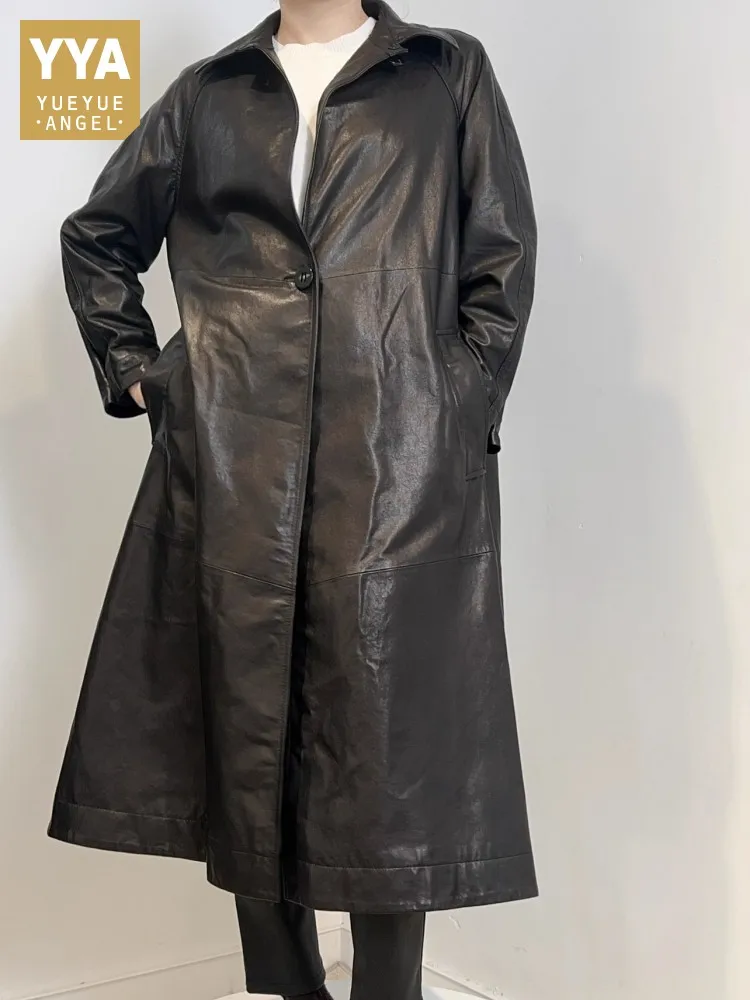 Italienische Designer Frauen Schaffell Echtes Leder Lange Jacke Büro Damen Herbst Arbeit Trenchcoat Lose Fit Windjacke Outwear