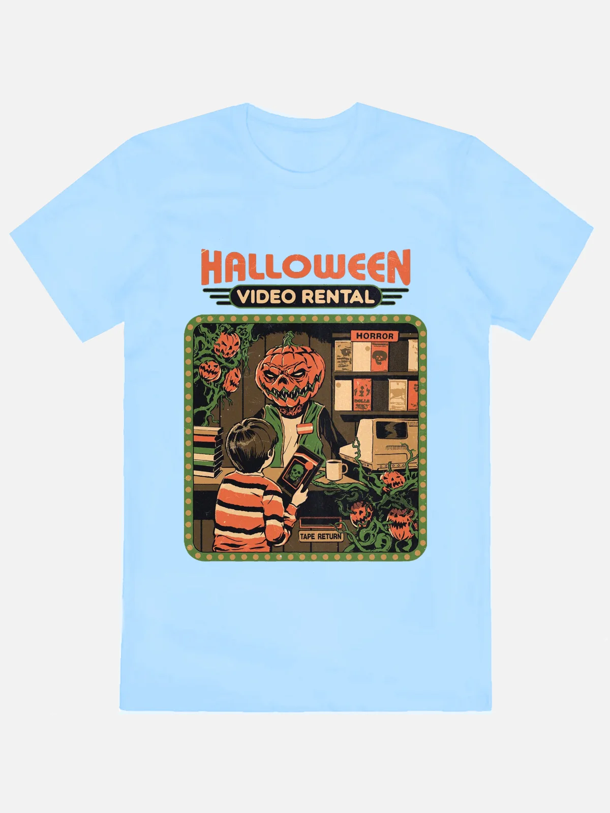 Gothic Print Loose T-Shirt Men's Halloween Video Rental Print Short-Sleeved Women Crew Neck American Style Clothing Multi Color