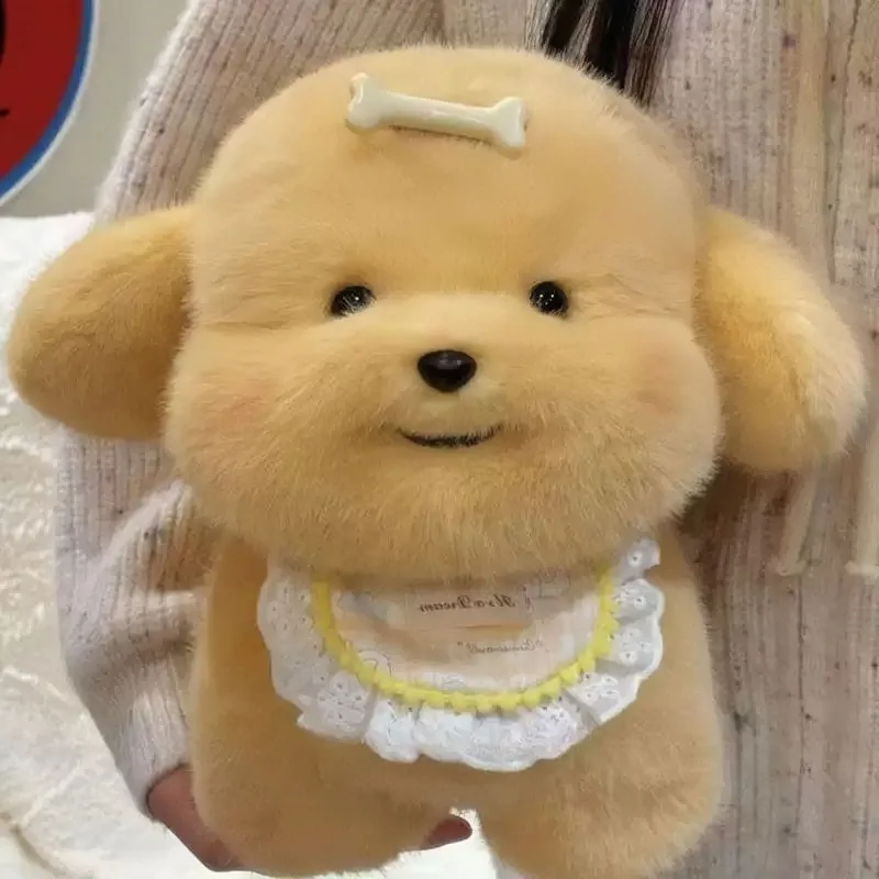 Plush Fluffy Cute Golden Retriever Puppy Figurine with Bib PP Cotton Filled Girl Heart Decor Doll Best Birthday Gift-Women Girls