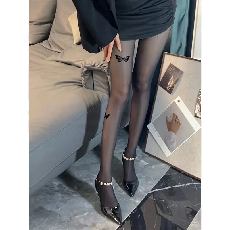 Pantyhose Women's Sexy Black Bow Printed Ultra-Thin Slim Leggings White Fashionable Simple All-Match Four Seasons Universal 1Pc