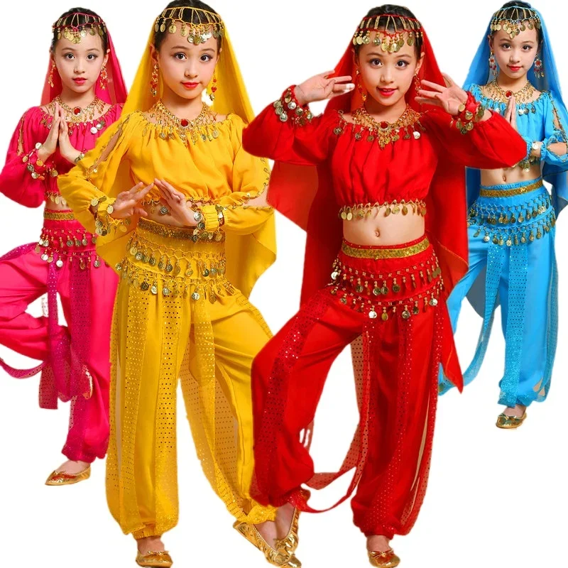 4 Color Girls Long Sleeve Oriental Dance Costumes for Children Indian Dress Sequin Bollywood Dancing Suit Stage Performance