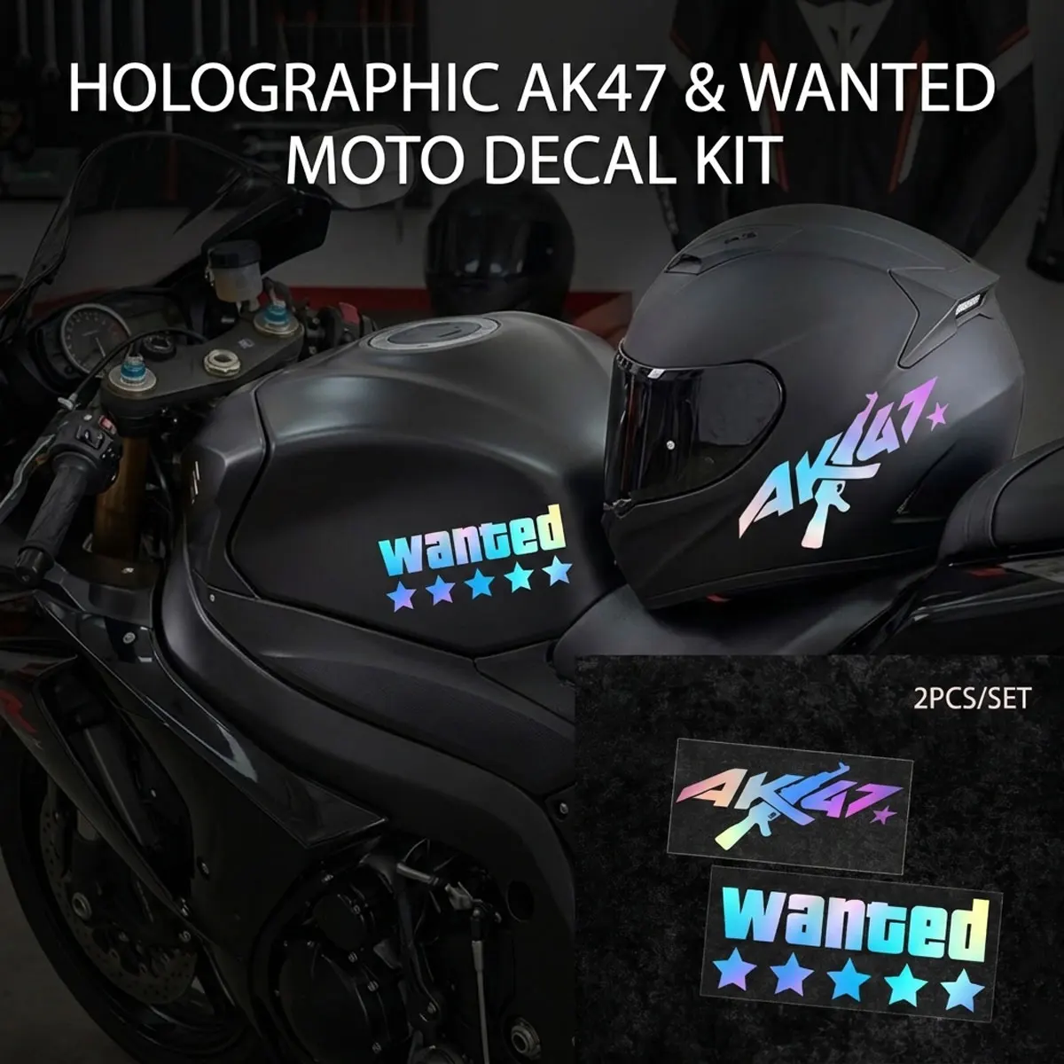 

wanted AK47 Motorcycle Helmet Sticker Waterproof Laser Vinyl Decal For Car Motorcycle Tank Universal 2Pcs Set