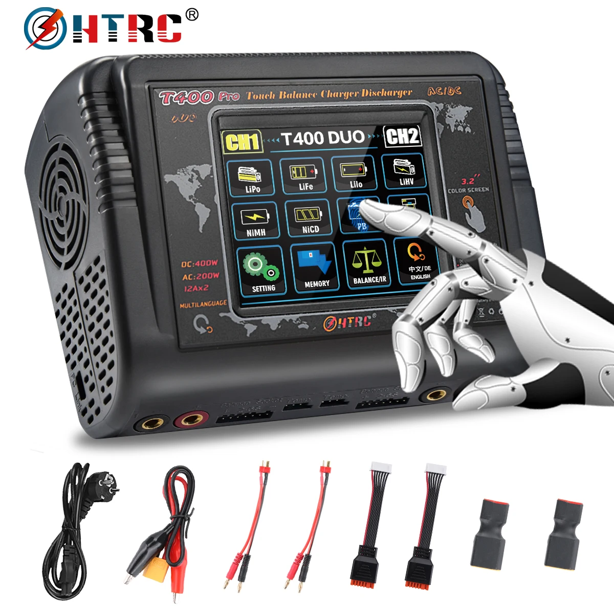 

HTRC Original T400/T240/C150 Lipo Charger Dual Channel AC 150W DC 240W RC Charger for NiMH NiCD LiHV NiCd PB Li-ion Lipo Battery