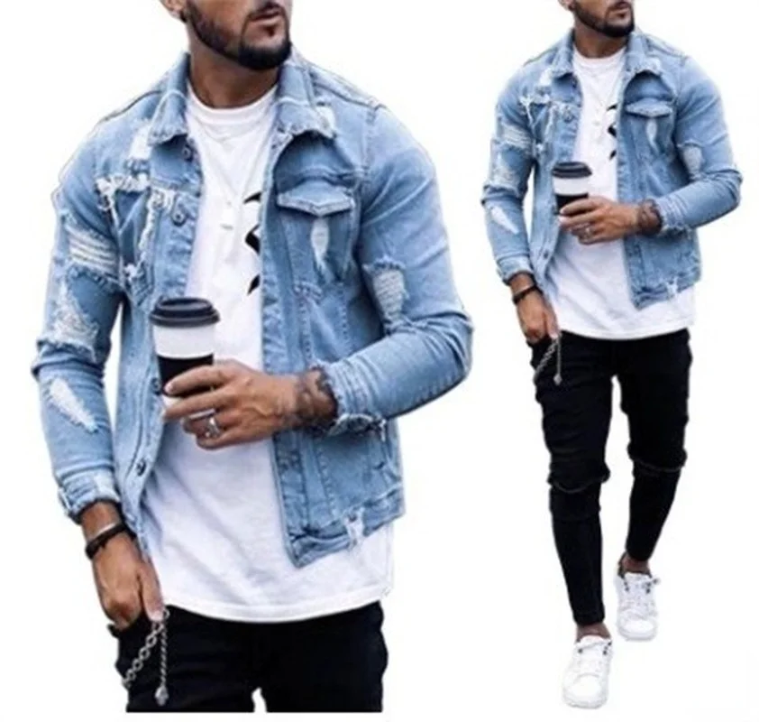 

Fashion Men Jackets Spring Autumn New Lapel Men's Denim Jacket Holes Irregular Washing Jacket Men Long Sleeve Cardigan Tops