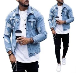 Veste en jean à revers pour hommes, vestes de lavage irrégulières, cardigan à manches longues, trous, mode, printemps, automne, nouveau
