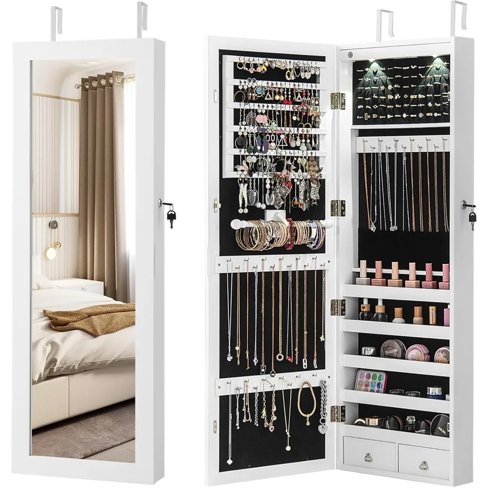 

Mirror Jewelry Cabinet, Wall Door Mounted Jewelry Armoire with Full Length Mirror, Internal LED Lights & Drawers