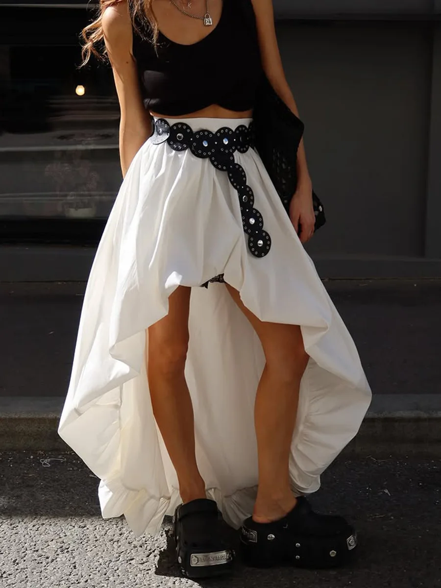 กระโปรงผ้าฝ้ายทรงเอ midi สำหรับผู้หญิง คอลเลคชั่นฤดูใบไม้ผลิ/ฤดูร้อน ปี 2026 ดีไซน์จับจีบแบบไม่สมมาตร สไตล์สตรีทแฟชั่น