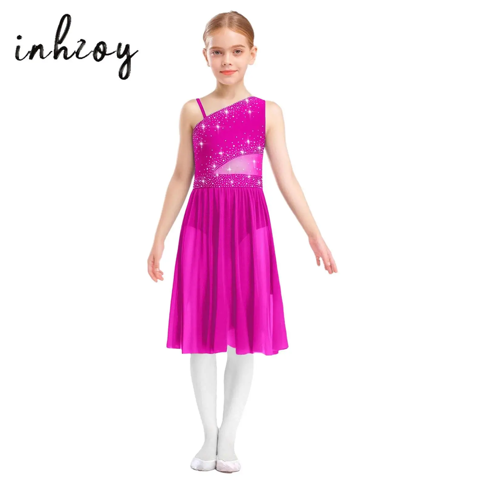 

Kids Girls Lyrical Dance Dress One Shoulder Sleeveless Mesh Leotard Dresses Gymnastics Ballet Dancewear Figure Skating Costume
