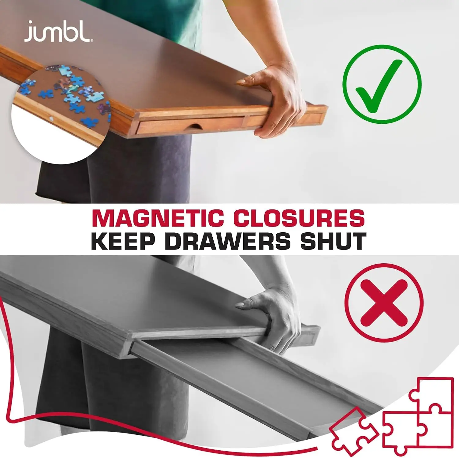 Planche de puzzle de 1500 pièces |   Table de puzzle 27" x 35" |   6 tiroirs de tri magnétiques amovibles |   Travaux en panneaux de fibres lisses