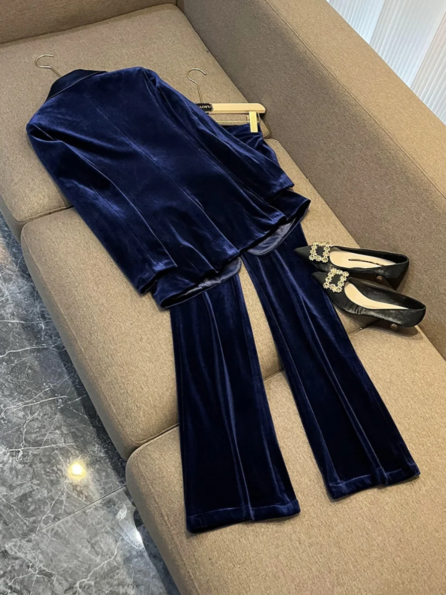 Designed Patchwork High Quality Velvet Lady Solid Office Suit Single Button Long Sleeve Blazer Flared Pants Women 2Pcs