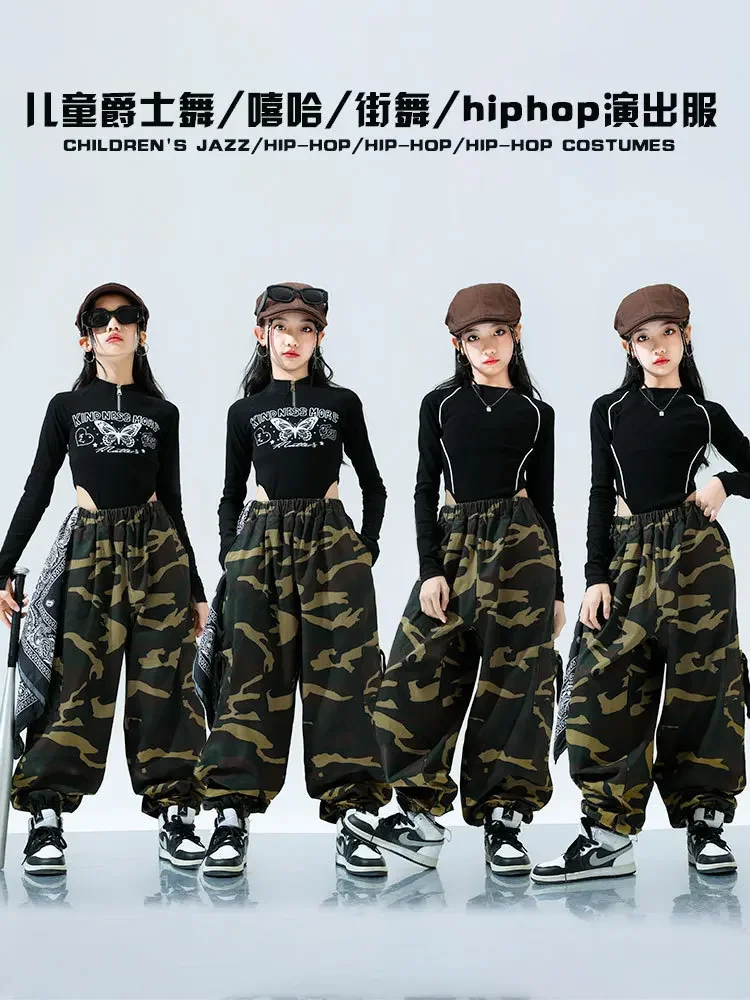 Girls Street Dance Clothing Fashion Black Tops Camouflage Pants Kids Jazz Dance Costume Children Hip Hop Kpop Stage Outfit