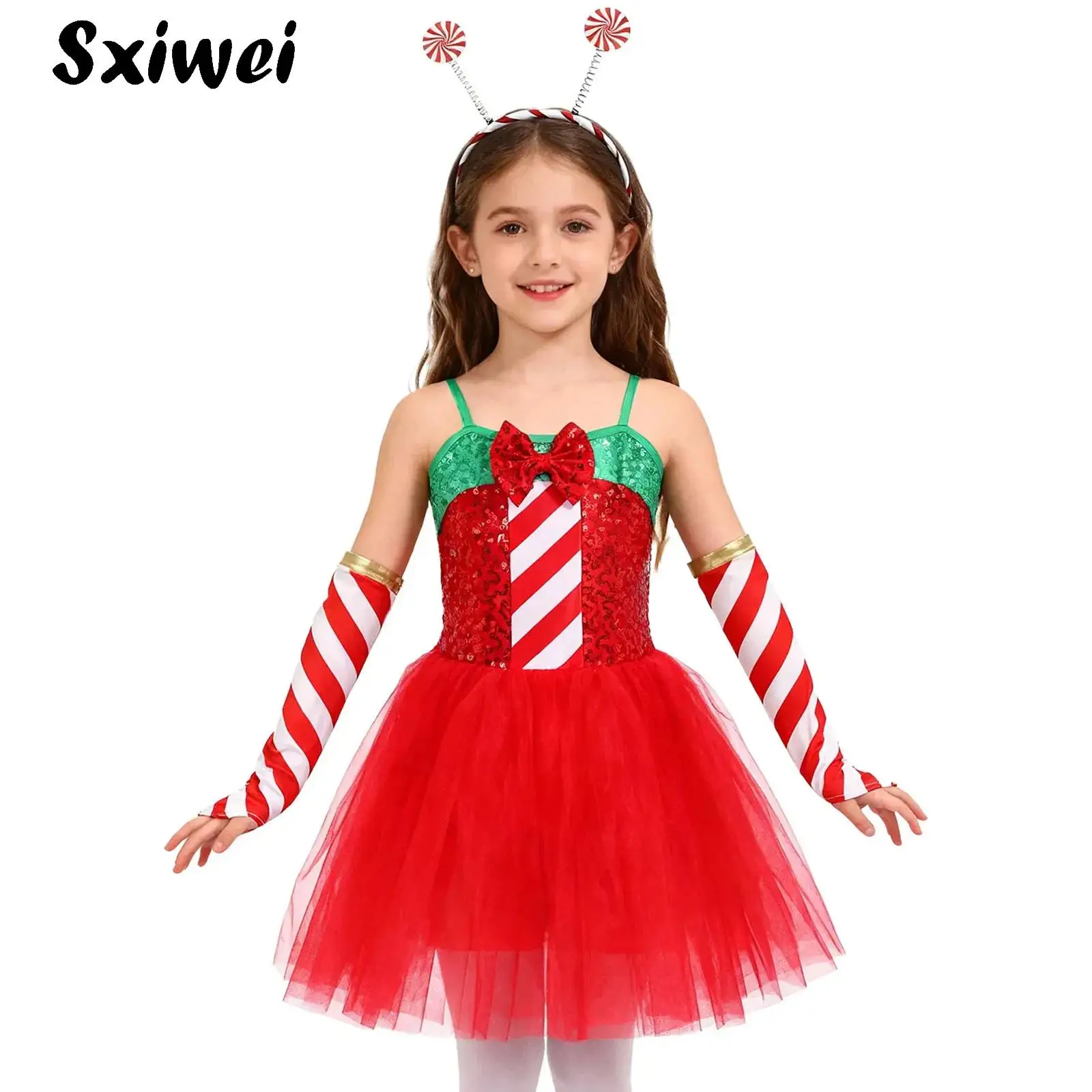 Girls Candy Cane Sleeveless Ballet Skirted Leotard Sequin Striped Christmas Dance Tutu Dress Gymastics Figure Skating Dancewear