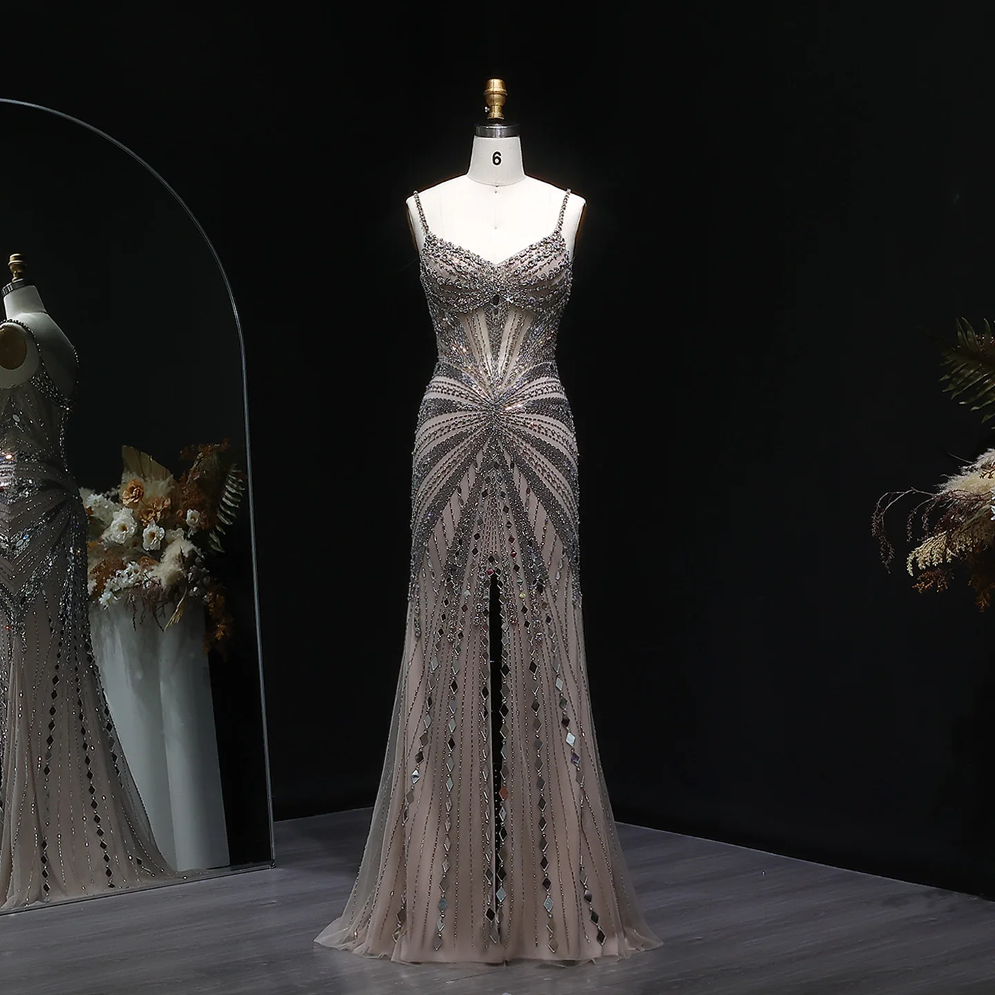 

Sharon Said Luxury Champagne Mermaid Evening Dress with Spaghetti Straps Long for Women Wedding Party Prom Gown SS020 Customized