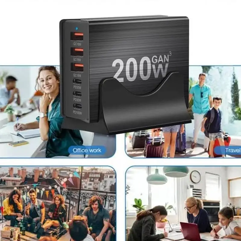 Szybka ładowarka USB C 200W 6-portowa stacja ładująca Hub Kompaktowa ładowarka GaN z zasilaczem dla IPhone Samsung Xiaomi Huawei — zdjęcie 6