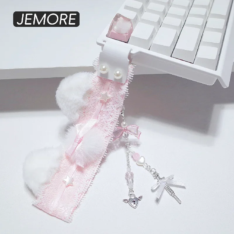 Kawaii Pink Lace Keyboard Lanyard with Plush Cat Ears Bow Pearl Pendant Decorative Strap Gaming Keyboard Accessories Gift