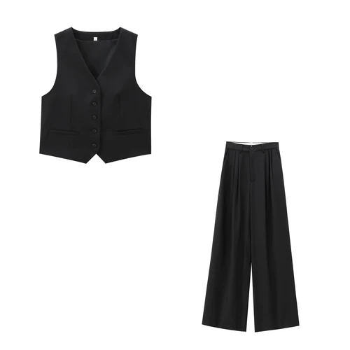 Imagen 2 del producto 2025 primavera y otoño nuevo conjunto de dos piezas pantalón de pierna ancha traje trabajo Oficina chaleco Top + Pantalones de doble pliegue conjunto de moda para mujer